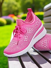 abordables Baskets femme-Baskets compensées Flyknit roses pour femmes avec détails en strass – Chaussures de sport légères et respirantes pour une tenue décontractée et la marche