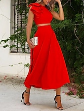 preiswerte Cocktailkleider-Strandhochzeit Zweiteilige Cocktailkleider Elegantes Kleid Abschlussfeier Verlobung knöchellang Ärmellos Juwel-Ausschnitt Herbst Hochzeitsgast Satin mit Rüschen einfarbige Kleider