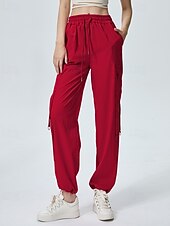 abordables pantalon cargo femme-Femmes Pantalons Cargo Slacks Streetwear Occasionnel Longueur complète Naturel Uni Avec Poches Conception à cordon élastique Doux Tenue quotidienne Week-end Noir Rouge Fuchsia Gris argenté Automne
