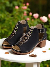 olcso Block Heels-női peep toe kivágott tömbsarkú bokacsizma hátsó cipzárral – stílusos nyári vastag sarkú cipő randevúkra, kerti partikra és szabadtéri rendezvényekre