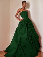 preiswerte ROT-Ballkleid A-Linie Abfall Taille Abendkleid Promistil Blumen Kleid Karneval Formal Watteau Zug Ärmellos Strapless Satin mit Rüschchen
