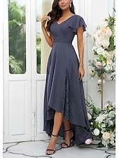 abordables Robes pour invitées de mariage-Ligne A Robes pour invités de mariage Élégant Robe robe demoiselle d honneur Fiançailles Asymétrique Manche Courte Col en V Chiffon avec Croisé Froncé 2025