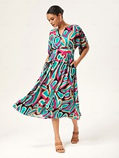 abordables Robes décontractées-robe longue cintrée à manches chauve-souris abstraites et colorées