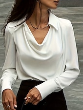 cheap Dressy Tops-Women&#039;s Shirt Solid Color Plain Elegant Vintage Tropical Long Sleeve Cowl Neck Shirt Collar Regular Tops Work Daily Semi Formal Ruched Black White Dusty Rose Blue Summer Spring