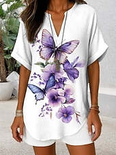 abordables Animaux Tops-Blouse Femme Col V Graphique Papillon Quotidien Chic Décontracté Manches Courtes Hauts Quotidien Vacances Noir Rouge Bleu Violet Été Printemps