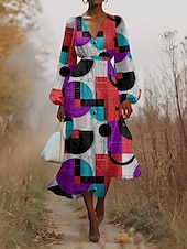 preiswerte Kunst &amp; Design Kleid-Damen Midikleid Freizeitkleid Chiffon Schwingkleid Modern Urlaub Täglich Wochenende Normale Passform Geometrisch Langarm V Ausschnitt Schwarz Blau Purpur Orange Sommer Frühling Herbst