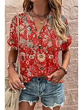 tanie T-shirt boho-Damskie Podkoszulek Graficzny Plemienny Elegancki Codzienny Boho Krótki rękaw W serek Zwykłe topy Codzienny Wyjściowe Weekend Nadruk Czarny i biały Czerwony Fioletowy Czerwony / Niebieski Lato Wiosna