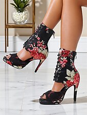 abordables Bottines de danse-Bottes de danse florales pour femmes - Chaussures de danse latine professionnelles à talons hauts et bout ouvert en satin avec imprimé rose élégant, idéales pour la salsa, le tango et les spectacles