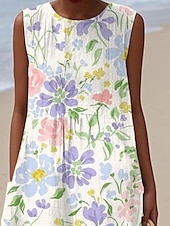 preiswerte Druck Blumen Kleider-Damen Midikleid Freizeitkleid Sommerkleid Mode Modern Täglich Strand Wochenende Normale Passform Blume Ärmellos Rundhalsausschnitt Weiß Blau Sommer
