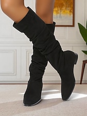 olcso Slouch Boots-női bő, térdig érő, lapos csizma - bézs művelúr retró stílusú, őszi divatos csizma hétköznapi viseletre és kosztümökbe