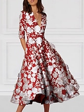economico Abiti da cocktail-Abito da Cocktail A-Line Floral Elegante Abito Formale Matrimonio Lungo fino alla Caviglia Mezza Manica V Neck Abito Rosa Stretch Crepe con Ricamo e Tasca