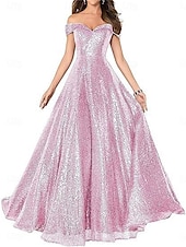 A-Line Evening Gown Elegant Dress Formal Performance Floor Length Short Sleeve Off Shoulder Sequined Backless with Pleats cheap Long Dresses & Gowns-A-Line Evening Gown Elegant Dress Formal Performance Floor Length Short Sleeve Off Shoulder Sequined Backless with Pleats