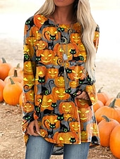 abordables Hauts d&amp;#39;Halloween-Halloween Femmes T-shirt Graphique Potiron Sorcière ancien Élégant Classique manche longue Col ras du cou Col rond Hauts Longs Quotidien Imprimé Jaune Orange Gris Printemps Automne