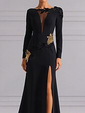 preiswerte SCHWARZ-Schwarzes und goldenes A-Linien-Abendkleid, elegantes Kleid, formelles Smokingkleid, Hochzeitskleid, Schleppe, Langarm, V-Ausschnitt, Stretch-Krepp mit Paillettenstickerei 2025