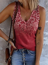 billige Boho tank topp-Dame Camisole Tank Top Grafisk Geometrisk Bohem Årgang Tropisk Ermeløs V-hals Vanlige topper Daglig Trykt mønster Lysegrønn Rød Blå Kakifarget Regnbue Sommer Vår