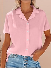 preiswerte Hemden-Damen Hemd Baumwoll-Leinen-Hemden Knopfleiste Bluse Einfarbig Stilvoll Lässig Kurzarm Hemdkragen Normale Oberteile Täglich Knöpfe Tasche Weiß Gelb Leicht Blau Sommer