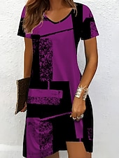 ieftine Rochii cu dungi și geometrice-Pentru femei Rochie Mini Rochie din Tricot Rochie casual Rochii Tricou Rochie de Vară Vacanță Casual Fit regulat Grafic Geometric Abstract Manșon scurt În V Negru și Alb Șampaniu Roșu-aprins Albastru