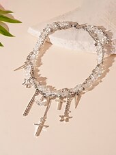 economico Collana da donna-Collana girocollo in pietra nera punk gotica da donna con ciondoli a forma di croce, cuore e stella - gioiello importante per feste, discoteche e serate fuori