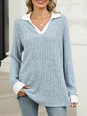 voordelige Dames eenvoudige tops-Dames Overhemd Effen Kleur Stijlvol Casual Lange mouw V-hals Normale tops Dagelijks Lapwerk Zwart Rood blauw Fuchsia Lente Herfst