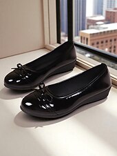 baratos Sapatilhas e Mocassins de mulher-sapatilhas femininas de couro envernizado vermelho com laço - sapatos sociais clássicos de bico redondo e sem cadarço para adolescentes e mulheres, ideais para a escola, trabalho e roupas casuais do
