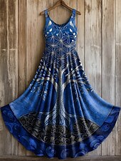 tanie Sukienki boho-damska sukienka maxi merkabah drzewo życia sukienka letnia sukienka o prostym kroju sukienka plisowana sukienka wakacyjna swobodna boho codzienna na wakacje plaża regularny krój graficzny bez rękawów