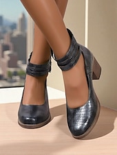 baratos Block Heels-Sapatos femininos verdes de couro sintético com estampa de crocodilo e tira no tornozelo, salto grosso - sapatos Mary Jane retrô confortáveis para caminhar, para o escritório, roupas do dia a dia e