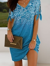 preiswerte Boho Kleider-Damen Minikleid Freizeitkleid T-Shirt-Kleid Sommerkleid Elegant Urlaub Vintage Kalter Schulter-Ärmel Normale Passform Ombre Grafik Geometrisch Kurzarm V Ausschnitt Rote Blau Purpur Grün Sommer