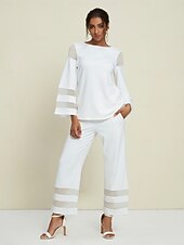 billiga Tvådelade set-Dam Vardaglig stil Chiffong Huvudstad Enfärgad / vanlig färg Dagliga kläder Datum Utekväll Illusion ärm Svart Vit Marinblå Crewneck Ren färg Ledig Långärmad Elegant Ledigt vardag Rund hals Vår