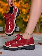 cheap Women&#039;s Oxfords-Women&#039;s Red Patent Leather Oxford Shoes – Chunky Sole Lace-Up Flats for Daily Wear, School &amp; Urban Street Style