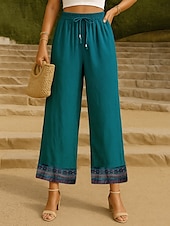economico Pantaloni in lino e cotone semplici-Per donna Pantaloni in cotone e lino Chinos Pantaloni Moda Stile Etnico Essenziale Lunghezza intera Vita Alta Floreale Ricamato Tasca Coulisse Comodità All&#039;aperto Micro-elastico Vacanza Streetwear