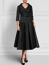 abordables Ensembles de robes pour maman-Ensemble de robes trapèze deux pièces, robe de mère de la mariée, élégante, revers, longueur au sol, longueur cheville, tissu extensible en satin, manches longues, bleu, noir, mariage d&#039;automne 2025