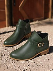 abordables Botines-Botines marrones de piel sintética para mujer: botines de tacón bajo con hebilla y cremallera lateral para salidas de otoño, paseos por el campo y uso diario.