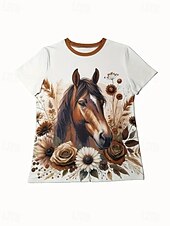 abordables T-shirt Animaux-Femmes T-shirt Graphique Animal Cheval ancien Élégant Classique Manche Courte Col ras du cou Col rond Hauts Réguliers Quotidien Week-end Imprimé Noir Blanche Bleu Bleu Poudré Été Printemps