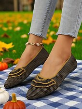 preiswerte Ballerinas für Damen-Orangefarbene Flyknit-Ballerinas für Damen – atmungsaktive Slipper mit spitzer Spitze und schwarzem Besatz für Halloween-Partys, Herbstpicknicks und den lässigen Alltag