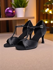 economico Scarpe per balli latini-Scarpe da ballo latino da donna - eleganti tacchi a spillo con cinturino a T in raso e fibbia regolabile, comode calzature da ballo da sala e salsa per balli professionali e sociali