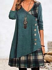 abordables Robe Rayée et Géométrique-Femmes Mini Robe Robe trapèze Occasionnel Quotidien Coupe régulière Plaid manche longue Col en V Noir Rouge Vert Gris Automne Hiver
