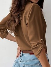 preiswerte Damen Einfache Oberteile-Damen Hemd Einfarbig Stilvoll Lässig Langarm Hemdkragen Normale Oberteile Täglich Knöpfe Schwarz Himmelblau Fuchsie Braun Khaki Sommer Frühling Herbst