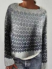 preiswerte Grafische Muster und Details-Damen Pullover Lässig Weich Grafik Geometrisch Gerippt Rundhalsausschnitt Gestrickt Druck Langarm Normale Oberteile Stricken Outdoor Täglich Wochenende Gelb Blau Herbst Winter