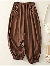 preiswerte Schlichte Hose aus Baumwollleinen-Damen Chinos Haremshose Vintage Ethno-Stil Basic Knöchellang Hohe Taille Einfach Tasche Kordelzug Komfort Außenbereich Dehnbar Urlaub Straße Täglich Schwarz Beige Kaffee Sommer Frühling Normale