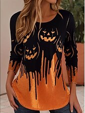 preiswerte Halloween Oberteile-Halloween Damen Bluse Grafik Halloween Lässig Langarm Rundhalsausschnitt Normale Oberteile Täglich Druck Schwarz Orange Sommer Frühling MOM