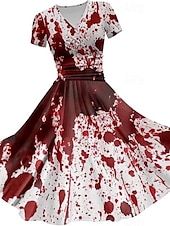 levne Halloweenské šaty-Halloween Dámské Midi Šaty A-Liniové Šaty Letní Šaty Fit a Flare Party Casual Denní Prázdny Regular Fit Graphic Abstraktní Krátký rukáv V výstřih Tmavě zelená Bílá Vínová červená Léto Podzim