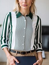 cheap Art&amp;Design Tops-Women&#039;s Blouse Dressy Tops Chiffon Tops Color Block Striped Elegant Daily Stylish Long Sleeve Shirt Collar Regular Tops Work Daily Buttons Print Pink Wine Blue Brown Green Spring, Fall, Winter, Summer