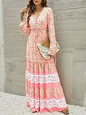 economico Abiti boho-Per donna Vestito maxi Abito casual Vestito svasato Abito Boho a maniche lunghe Abito linea A Boemia Informale Da mare Giornaliero Standard Floreale Manica lunga A V Giallo Rosa Blu Primavera Autunno