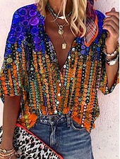 billige Kvinne Striper &amp; Geometriske Topper-Dame Bluse Grafisk Geometrisk Fargeblokk Elegant Daglig Stilfull 3/4 ermer Halvlange ermer V-hals Høyhalset Vanlige topper Knapper Trykt mønster Marineblå Blå Fuksia Oransje Sommer Vår