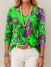 ieftine tricou boho-Pentru femei Tricou Grafic Pană Epocă Stilat Casual Manșon Lung În V Topuri obișnuite Zilnic Imprimeu Albastru piscină Mov Portocaliu Trifoi Vară Primăvară Toamnă