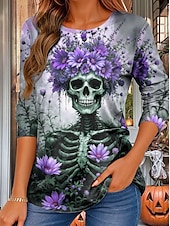 billige Kunst &amp; Design t-skjorte-Halloween Dame T skjorte Blomstret Grafisk Hodeskaller Årgang Mote Stilfull Langermet Crew-hals Vanlige topper Daglig Trykt mønster Rosa Lilla Oransje Grønn Sommer Vår Høst