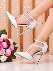 abordables Fête de la Vie Nocturne-Escarpins à talons aiguilles en cuir verni blanc pour femmes avec double bride - Escarpins à bout pointu sexy pour la vie nocturne et les soirées en club