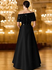 abordables Robes de Soirée-Robe de soirée trapèze à paillettes et cravate noire, élégante, longueur au sol, manches courtes, une épaule, poche, satin extensible avec châle pailleté, 2025