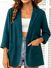 preiswerte Blazer &amp; Anzüge-Damen-Blazer aus Baumwollleinen, bequem, atmungsaktiv, Tasche, lässig, einfarbig, fürs Büro, Straße, lässig, Alltagskleidung, einreihig, normal, Umlegekragen, normale Passform, langärmelig, Oberbekleidung, weiß, grün, beige, Sommer