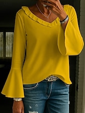 cheap Plain tee-Women&#039;s Tunic Solid Color Elegant Vintage Stylish Long Sleeve V Neck Regular Tops Daily White Yellow Pink Green Spring Fall